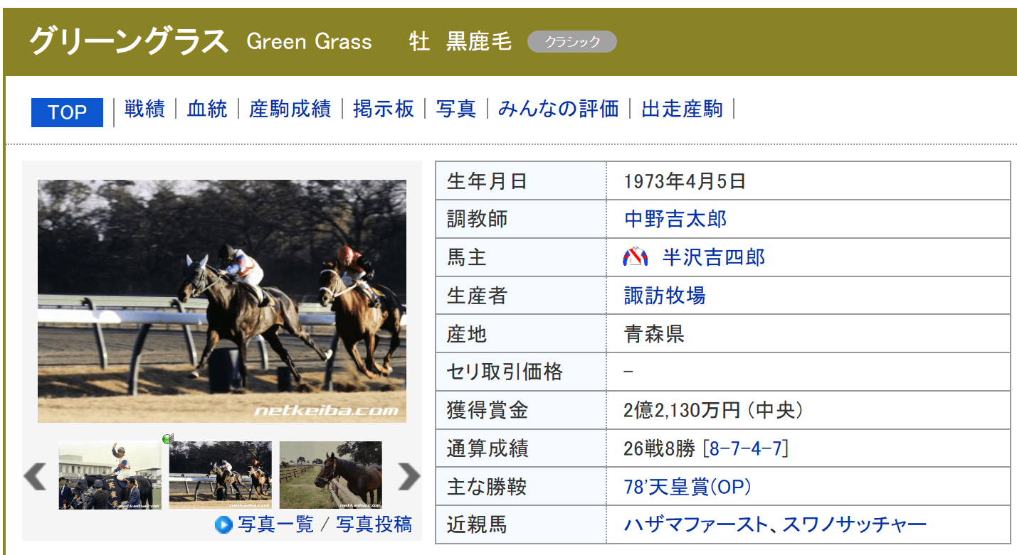 グリーングラス (Green Grass) | 競走馬データ - netkeiba.com https://db.netkeiba.com/horse/1973100905/
