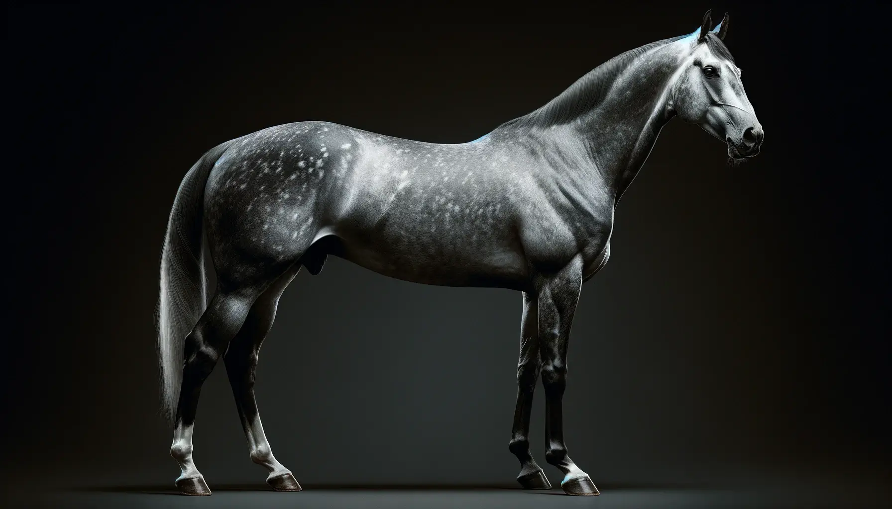 DALL·E 2024-03-22 00.21.21 - Create a striking 16_9 aspect ratio image of a dapple gray Thoroughbred horse standing with its head turned to the left.