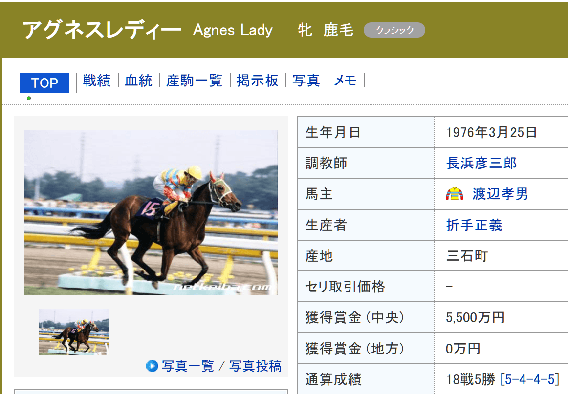 アグネスレディー (Agnes Lady) | 競走馬データ - netkeiba https://db.netkeiba.com/horse/1976107425/